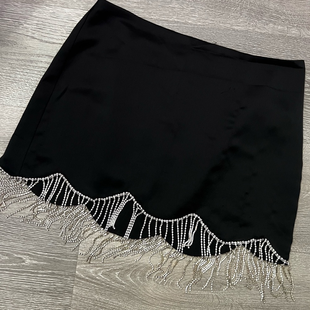 Black silk skirt with rhinestone tassels - size Large